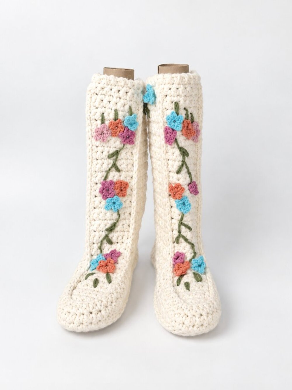 Handmade Crochet Tall Slipper Socks 3D Floral Artisan Cozy Cottagecore Fairycore